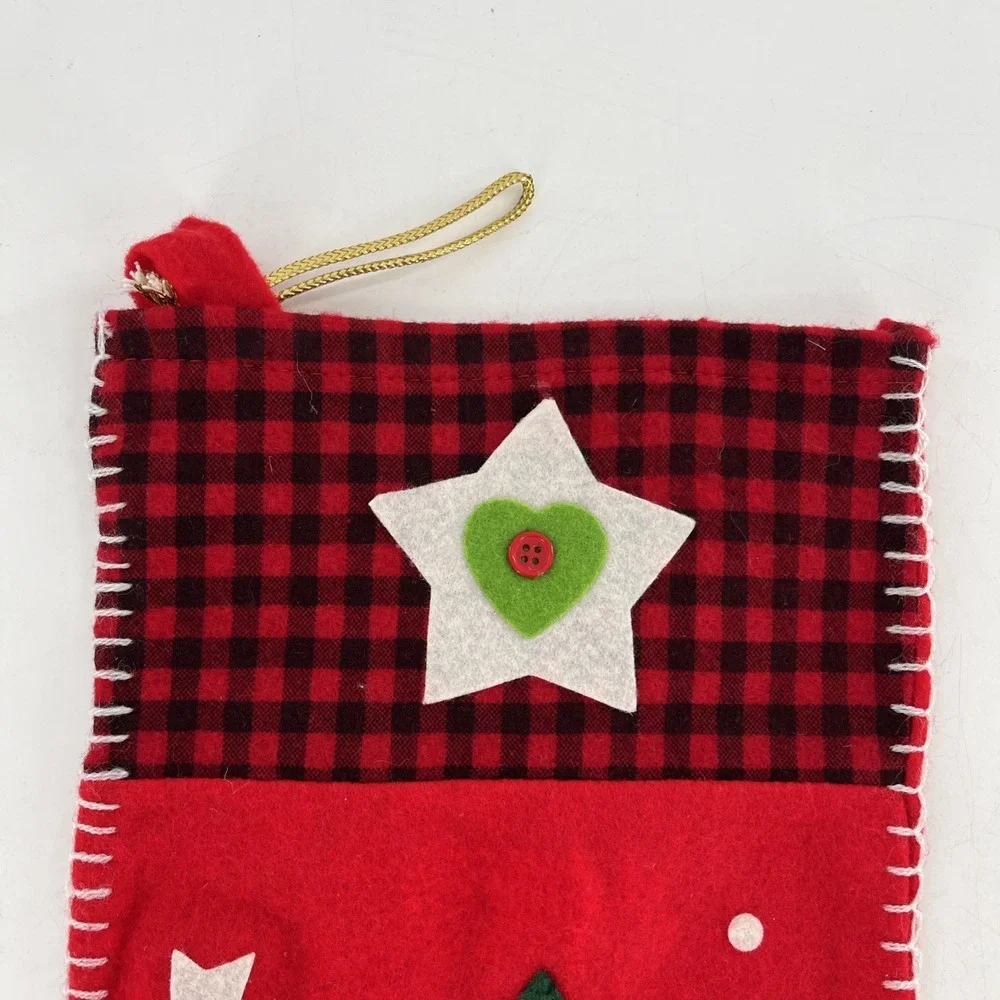 Vintage Felt Christmas Stocking Tree Stitch Button Buffalo Plaid Handcraft 19.5